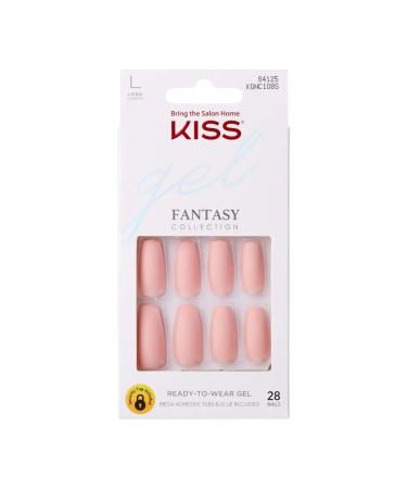 KISS Gel Fantasy Ready-to-Wear Press-On Gel Nails   All About You   Long  Pink  Matte Finish  Nail Kit with 24 Mega Adhesive Tabs  Pink Gel Glue  Manicure Stick  Mini File  and 28 Fake Nails