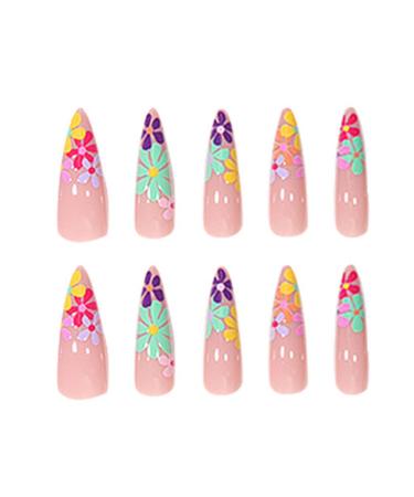 Stiletto Press on Nails - Long Almond Fake Nails with Colorful Flower Design | 24Pcs Full Cover Acrylic Nails for Women & Girls - Perfect for Daily Wear & Weddings - Buy Online on GoSupps.com