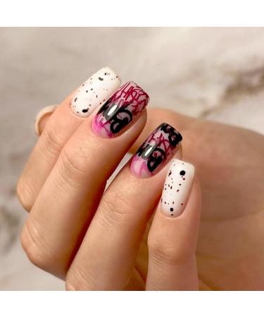 Halloween Press on Nails Short Square Glossy Fake Nails Blacd Alphabet Glue on Nails Red and White Clashing Colors False Nails Acrylic Full Cover Stick Women on Nails 24Pcs B3