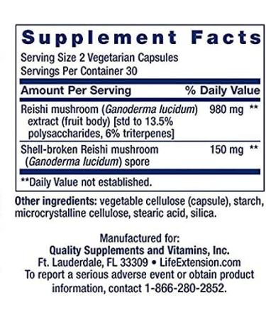 Life Extension Reishi Extract Mushroom Complex - 60 Vegetarian Capsules | Immune Support & Stress Relief - Buy Online on GoSupps.com