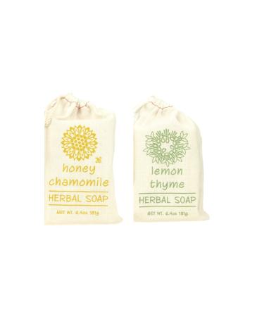 Set of 2 Herbal Soaps Honey Chamomile and Lemon Thyme - 6.4 Oz Bars Wrapped in Drawstring Cloth Sacks-Enriched with Shea Butter Virgin Olive Oil and Fresh Botanical Scents