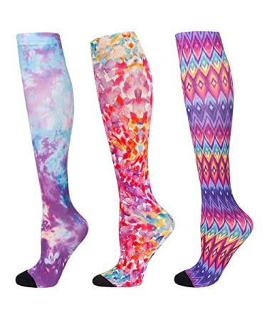 Compression Socks Women and Men, 20-30mmHg, Best for Nurses, Travel, Pregnancy 3 Pairs Printing Medium