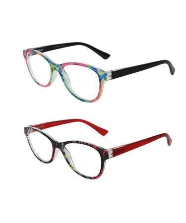 Hyyiyun 2Pairs Bifocal Reading Glasses Women Spring Hinge Cateye Designer Color Clear Lenses Readers with Hard Case and Pouch 1 Black Temples Flower/1 Red Temples Flower 1.75 x