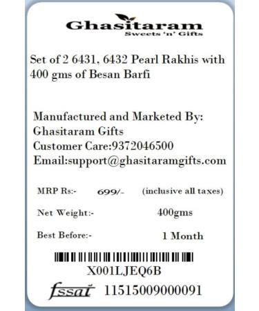 Ghasitaram Gifts Rakhi for Brother Rakhis Online - Set of 2 6431 6432 Pearl Rakhis with 200 GMS of Besan Barfi - Buy Online on GoSupps.com