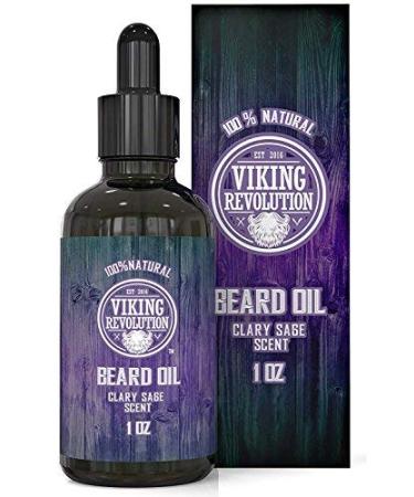 Viking Revolution Beard Oil Conditioner - All Natural Clary Sage Scent with Argan & Jojoba Oils - Promotes Beard Growth - Softens & Strengthens Beards and Mustaches for Men (1 Pack) Clary Sage 1 Fl Oz (Pack of 1)