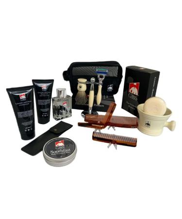 G.B.S Grooming Set for Men Ivory Shave Brush Razor Stand Mesh Toiletry Bag Light Fresh Crisp Lavender and Citrus Aftershave Shower Gel