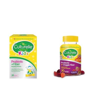 Culturelle Kids Probiotic + Fiber Packets (Ages 3+) - 24 Count - Digestive Health & Immune Support & Daily Probiotic for Kids + Veggie Fiber Gummies (Ages 3+) - 30 Count