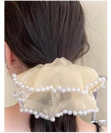 Mytoptrendz Pearl Trim Shimmer Chiffon Organza Scrunchie Ponytail Holdes Elastic Scrunchie Hair Ties Elastic Bobble Dance Bun Decor for Women and Girls (Cream) - Buy Online on GoSupps.com