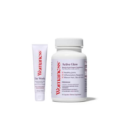 Womaness Summer Travel Skin Bundle - The Works Mini Size - Menopause Support Skincare Hydrating Body Lotion (1.4oz) + Active Glow - Biotin Menopause Supplements (30 Capsules) - 2 Products