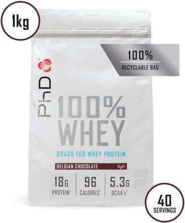 PhD Nutrition Grass-Fed Whey Protein Powder - Belgian Chocolate, 40 Servings, High Protein & BCAA, Low Calorie Formula - Buy Online on GoSupps.com