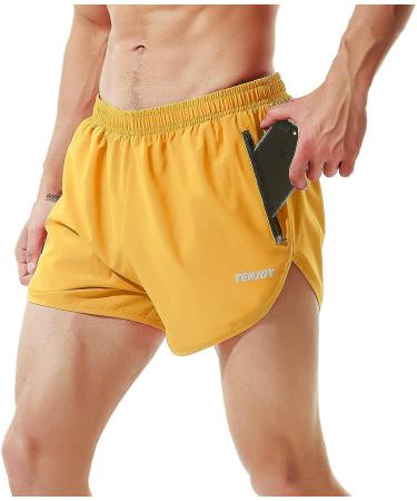 TENJOY Men's 3 Running Shorts Gym Athletic Workout Shorts with Zipper Pocket - Yellow, Small - Buy Online on GoSupps.com
