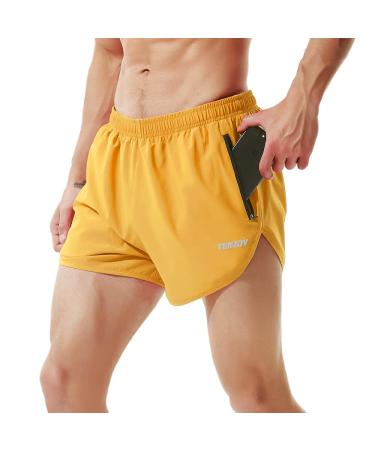 TENJOY Men's Running Shorts Gym Athletic Workout Shorts for Men 3 inch Sports Shorts with Zipper Pocket Yellow Small
