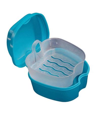 Denture Box with Strainer Portable False Teeth Storage Container Orthodontic Dental Retainer Box Denture Cleaning Kit for Travel Retainer Cleaning(Light Blue)
