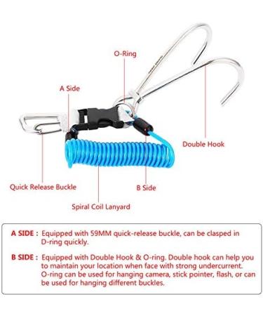 Diving Hook: Stainless Steel Reef Double Hook with Spiral Coil Lanyard & Quick-Release Buckle - Blue - Buy Online on GoSupps.com