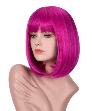Annivia Hot Pink Short Bob Wig with Bangs - 12 inch Synthetic Straight Wig for Women - Halloween Cosplay Party Natural Hair-Like Wig (Hot Pink) - Buy Online on GoSupps.com