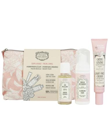 Panier des Sens Face care travel accessories Face wash & face moisturizer Radian Peony facial skin care products - Made in France & 98% natural - 3 travel size toiletries for women