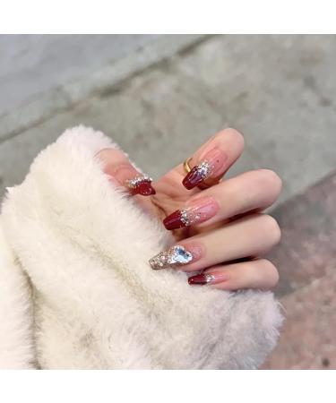 MENILITHS 24Pcs/Set Press On Nails French Wine Red Heart False Nails Acrylic Fake Nails Full Cover Nails Tips Artificial Finger Manicure Press on nails for Women and Girls - Buy Online on GoSupps.com