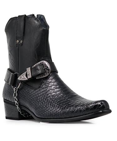 Alberto Fellini Men's Crocodile Prints Western Cowboy Boots with Side Zipper, Belt Buckle and Metal Chain 10.5 Black