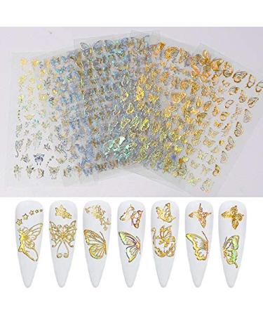 8 Sheets 3D Nail Art Adhesive Sticker Sheets Different Laser Gold and Silver Color Butterfly Shapes Nail Art Decoration (tz0291)