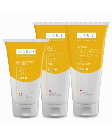 NIOBLU Complete sun care set - SPF 30 face and body sunscreen + Soothing after-sun lotion + After-Sun shower gel and shampoo - High protection relief and gentle cleansing for all skin types