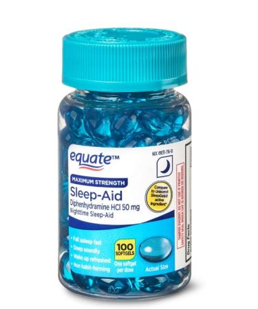Equate Maximum Strength Nighttime Sleep-Aid Diphenhydramine HCl Sleep Support Softgels 50 mg 100 Count