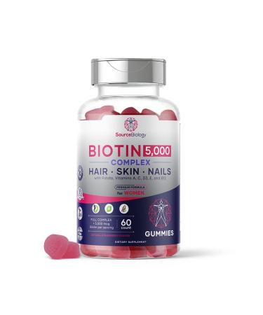 Source Biology Biotin 5000 Mcg Complex - Hair Skin Nails Premium Formula for Women - High Potency Vegan Friendly Gummies - with Folate Vitamins A C D3 and B12