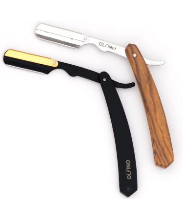 Pack of 2 Straight Razor Matte Black & Gold with Barber Razor Wood Handle and 20 Blades Professional Straight Edge Razor kit OLFINO Straight Razors for Men Kit Pouch Included