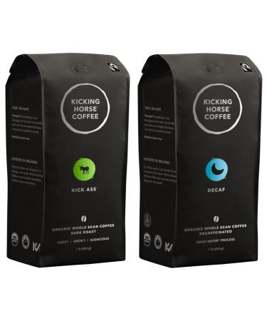Kicking Horse Coffee Kick Ass Dark Roast Whole Bean 1 lb - Certified Organic Fairtrade Kosher Coffee & Kicking Horse Coffee Decaf Swiss Water Process Dark Roast Whole Bean