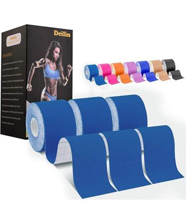 Deilin Kinesiology Tape 19.7ft Uncut Per Roll Elastic Therapeutic Sports Tapes for Knee Shoulder and Elbow Waterproof Athletic Physio Muscles Strips Breathable Latex Free Beige 3 Rolls Dark Blue