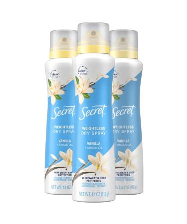 Secret Dry Spray Antiperspirant Deodorant for Women 48hr Weightless Sweat & Odor Protection Gentle on Skin Vanilla & Argan Oil Scent 4.1 oz (Pack of 3) Vanilla & Argan Oil 4.1 Ounce (Pack of 3)