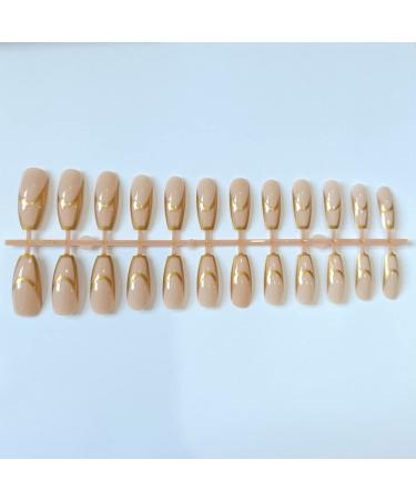 Timmoko Long Square Fake Nails - Exquisite Gold Foil Stripes Design - 24pcs - Buy Online on GoSupps.com