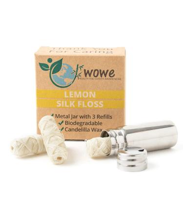 Wowe Natural Biodegradable Peace Silk Dental Floss with Candelilla Wax, Refillable Stainless Steel Container and 3 Refills - 6 Month Supply, 99 Yards Total… (Lemon)