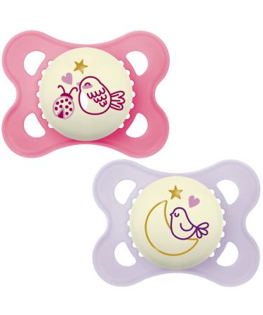 MAM Original Pure Night Soother 2-6 Months (Set of 2) Sustainable and Bio-Renewable Baby Soother SkinSoft Silicone Teat Glow in the Dark Soother Pink/Purple (Designs May Vary)