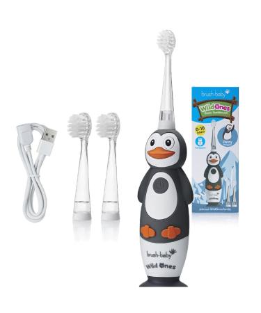 brush-baby WildOnes Kids Electric Rechargeable Toothbrush Penguin  1 Handle  3 Brush Heads  USB Charging Cable  for Ages 0-10 (Penguin)