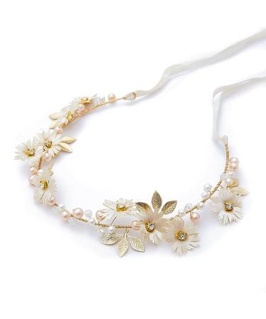 Bridal Hair Vines Crystal Pearls Flower Wedding Hair Accessories Evening Party Tiara Headpiece for Bridesmaid and Flower Girls (Gold)