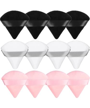 12 Pieces Triangle Powder Puff Makeup Puff Soft Velour Makeup Puff for Loose Powder Body Powder Cosmetic Foundation Blender Face Makeup Sponge Beauty Wet Dry Makeup Tools (Black+White+Pink)