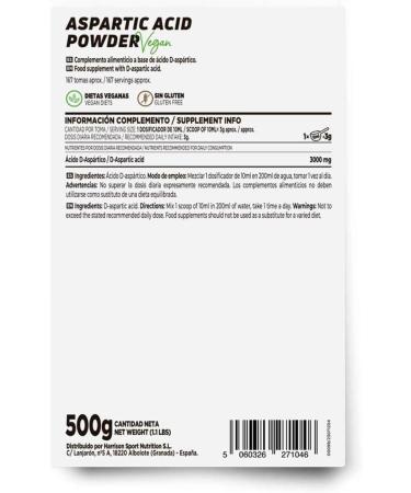  HSNraw HSN Aspartic Acid Powder | Unflavored 500g 167 servings per package | 3000mg D-Aspartic Acid per daily dose | 100% pure no additives | Non-GMO vegan gluten-free - Buy Online on GoSupps.com