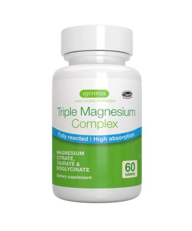 Triple Magnesium Complex High Absorption Chelated Glycinate Taurate & Citrate 60 Tablets for Sleep Stress Migraine Vegan Non-Buffered Pure & Oxide-Free by Igennus 60 Count (Pack of 1)