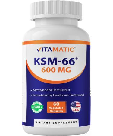 Vitamatic KSM-66 Ashwagandha Root Extract + Bioperine - 600mg, 60 Veggie Caps (1200 mg per 2 Capsules)