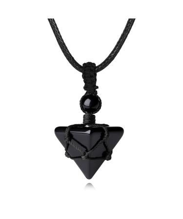 Obsidian Healing Crystal Necklace Pointed Pendant Necklaces Adjustable Rope Natural Pyramid Gemstone Stone Necklace Reiki Quartz Jewelry for Women Men Black-obsidian
