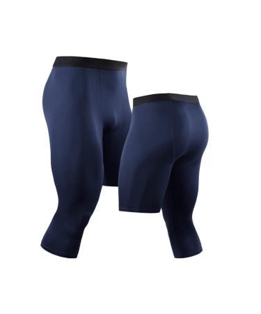 Men's 3/4 One Leg Compression Capri Tights Pants Athletic Baselayer Underwear Sports Leg Sleeves for Sport Navy Medium