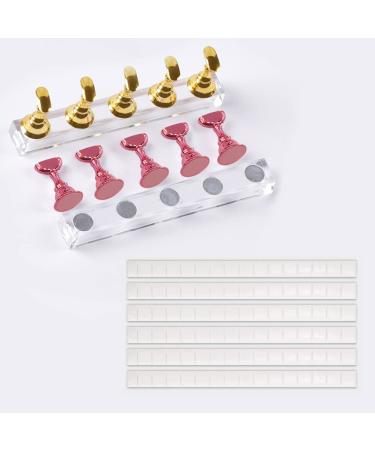 2 Set Nail Stand for Press on 96 Pieces White Reusable Adhesive Putty Magnetic DIY Fake Nails Crystal Holder Training Display Stands for Nail Art Kit Accessories (Gold + Pink)