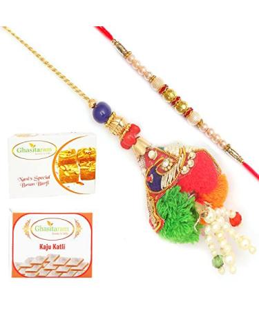 Ghasitaram Gifts Rakhis Online - Rakhi for Brother- The Classical Dome Bhaiya Bhabhi Rakhi with 200 GMS of Besan Barfi and 200 GMS of Kaju Katli Rakhi Set with 200 gms of Besan Barfi & Kaju Katli