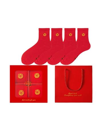 Chinese New Year Red Socks Spring Festiva Men's Cotton Socks Sports Socks with Gift Box 4 Pairs (Color : Red Size : 39-44) 39-44 Red