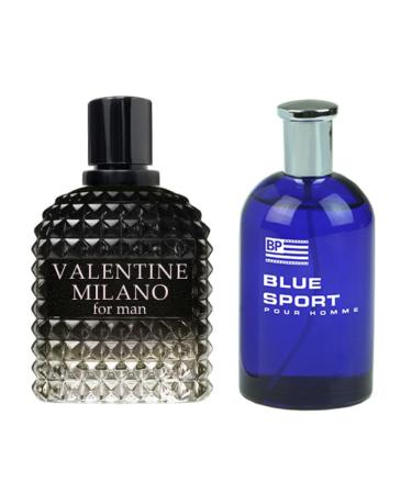 Valentine Milano for Men (EDP) & Blue Sport Cologne For Men (EDT) Fragrance for Men 3.4 Fl Oz Each (Pack of 2)