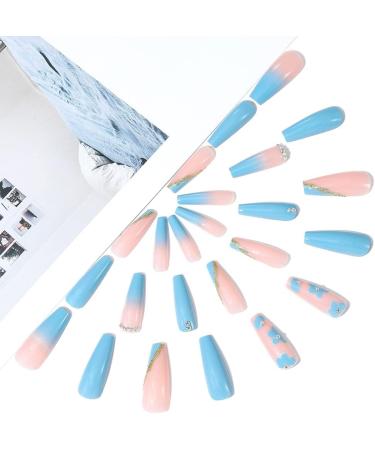Brishow Coffin False Nails - Long Blue Flower Fake Nails | 24pcs Ballerina Acrylic Stick on Nails for Women and Girls - Buy Online on GoSupps.com