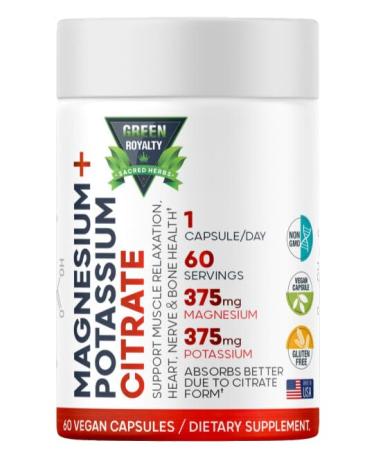 Magnesium Citrate + Potassium 60 Premium Vegan Capsules(Citrate 375 mg) + (375mg Potassium) Non GMO Gluten Free - High Absorption Supplement Made in USA