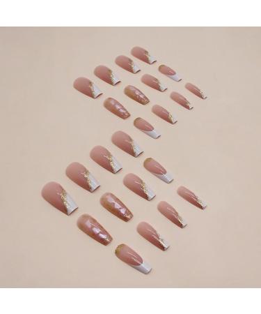 French Tip Press on Nails - Long Gold Foil Square Shape Reusable Gel Nails - 24 Pcs Glossy Nude Stick-On Nails for Women & Girls - Buy Online on GoSupps.com
