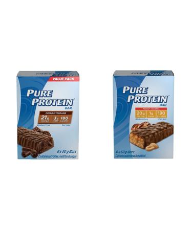 Pure Protein Bars Gluten Free Chocolate Deluxe 50g 6ct Imported from Canada) & Bars Gluten Free Snack Bars Peanut Caramel 50 gram 6 Count Brown Chocolate Deluxe Protein Bars + Bars