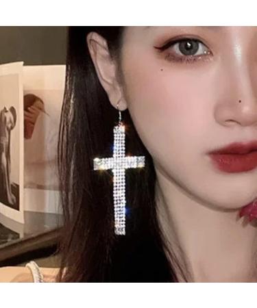 Wekicici Rhinestone Cross Tassel Drop Earrings - Crystal Hoop Fashion Accessories for Women in Silver - Buy Online on GoSupps.com